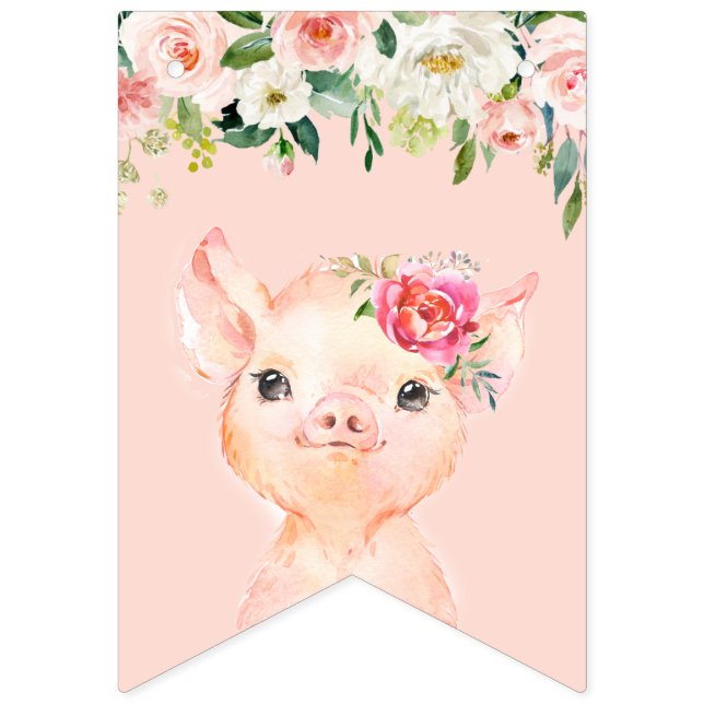 Cute Pig with Blush Pink Flowers Happy Birthday Bunting Flags (First Flag)