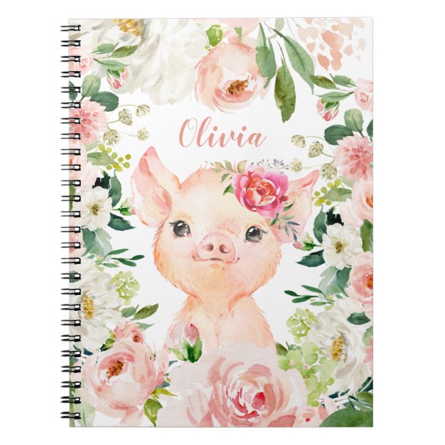 Cute Pig with Blush Pink Flowers Notebook (Front)