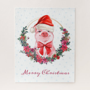 Cute Pig With Bow, Wreath, Polka Dots Christmas Jigsaw Puzzle