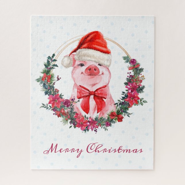 Cute Pig With Bow, Wreath, Polka Dots Christmas Jigsaw Puzzle (Vertical)