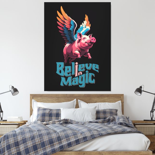 Cute Pig with Colourful wings | Believe in Magic  Canvas Print (Insitu(Bedroom))
