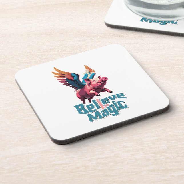 Cute Pig with Colourful wings | Believe in Magic  Coaster (Left Side)