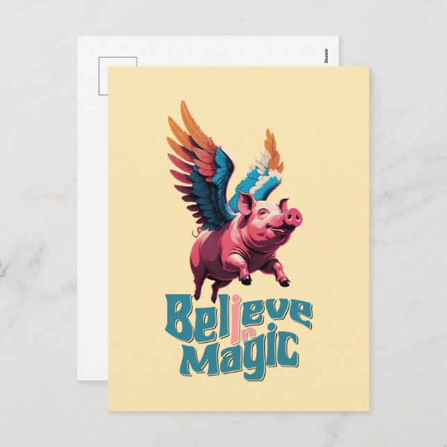 Cute Pig with Colourful wings | Believe in Magic  Holiday Postcard (Front/Back)