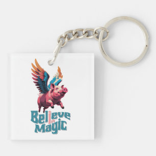 Cute Pig with Colourful wings Believe in Magic Keychain