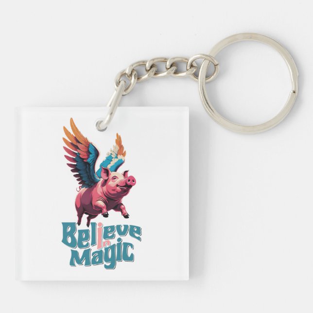 Cute Pig with Colourful wings | Believe in Magic  Keychain (Back)