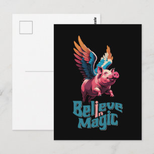 Cute Pig with Colourful wings Believe in Magic Postcard