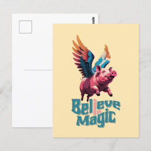 Cute Pig with Colourful wings Believe in Magic Postcard