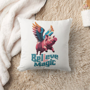 Cute Pig with Colourful wings Believe in Magic Throw Pillow