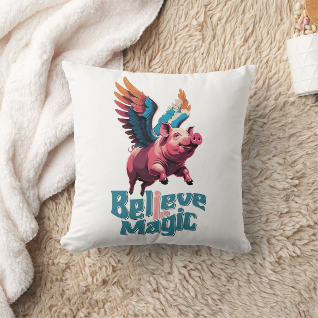 Cute Pig with Colourful wings | Believe in Magic  Throw Pillow (Blanket)