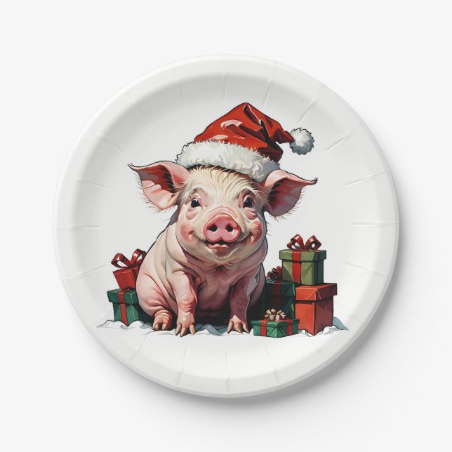 cute pig with gift boxes paper plate (Front)