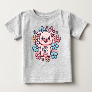 Cute Pig with Peace Sign & 70's Themed Flowers Baby T-Shirt