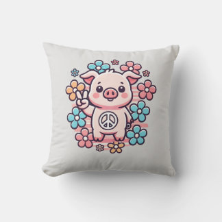 Cute Pig with Peace Sign & 70's Themed Flowers Throw Pillow