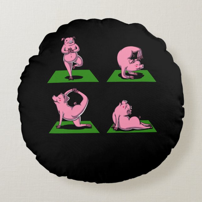 Cute Pig Yoga Poses Funny Farm Animals Round Pillow (Front)