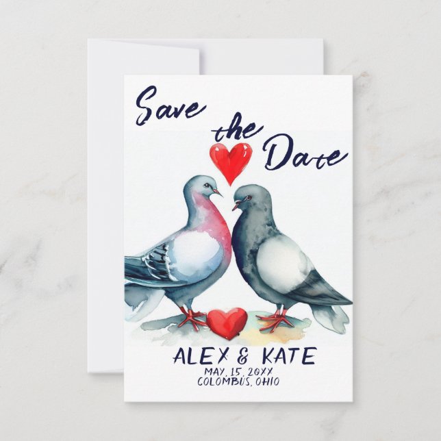 Cute Pigeons Wedding Save the Date Announcement (Front)