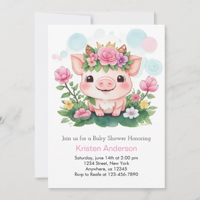 Cute Piggy and Wildflowers Girl Baby Shower Invitation (Front)