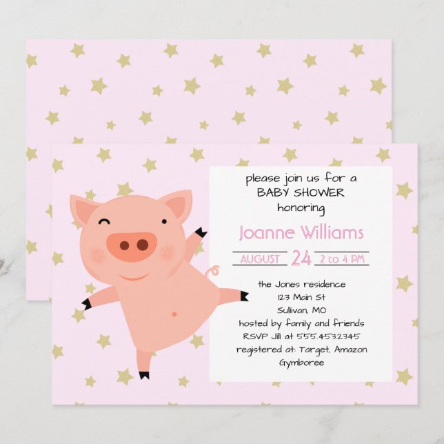 Cute Piggy Baby Shower For Girl Invitation (Front/Back)