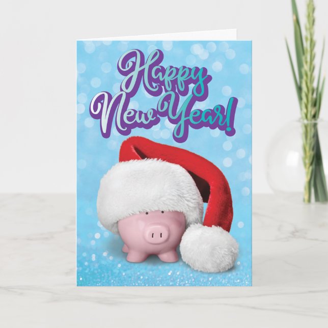 Cute Piggy Bank With Santa Hat New Year Card (Front)