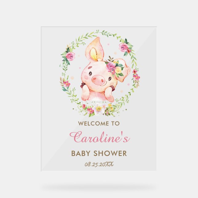 Cute Piggy Cochon Rose Baby shower Floral Bienvenu (Recto)