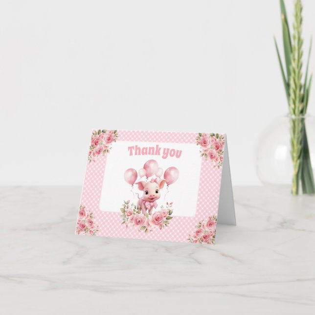 Cute Piggy Girl Farm 1er Anniversaire Merci Cartes (Devant)
