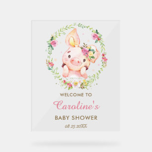 Cute Piggy Pig Pink Floral Baby Shower Welcome Acrylic Sign
