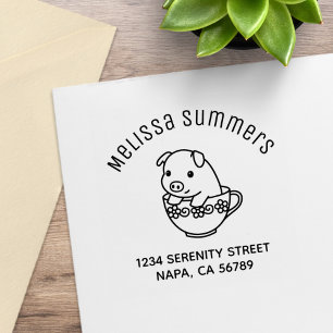 Cute Piglet Pig in a Teacup Arch Address Rubber Stamp