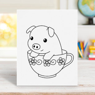 Cute Piglet Pig in a Teacup Colouring Page Poster
