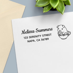 Cute Piglet Pig in a Teacup Return Address Self-inking Stamp