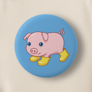 Cute Piglet Pig in Yellow Rubber Boots Blue 2 Inch Round Button