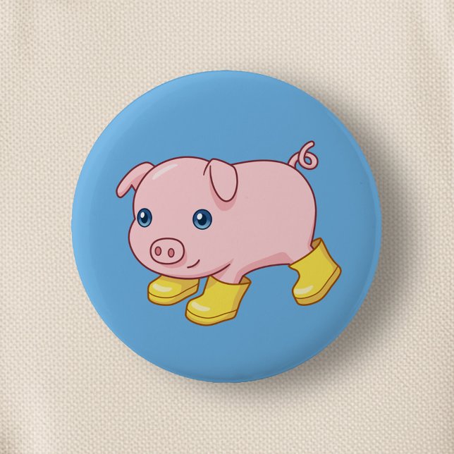 Cute Piglet Pig in Yellow Rubber Boots Blue 2 Inch Round Button (Creator Uploaded)