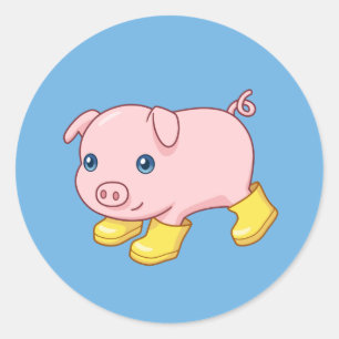 Cute Piglet Pig in Yellow Rubber Boots Blue Classic Round Sticker