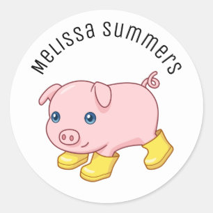 Cute Piglet Pig in Yellow Rubber Boots Custom Name Classic Round Sticker