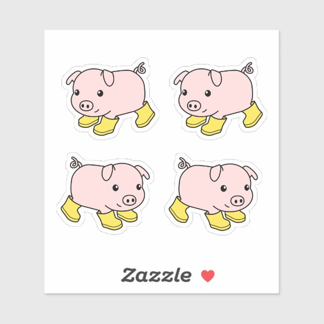 Cute Piglet Pig in Yellow Rubber Boots, Set of 4 (Sheet)