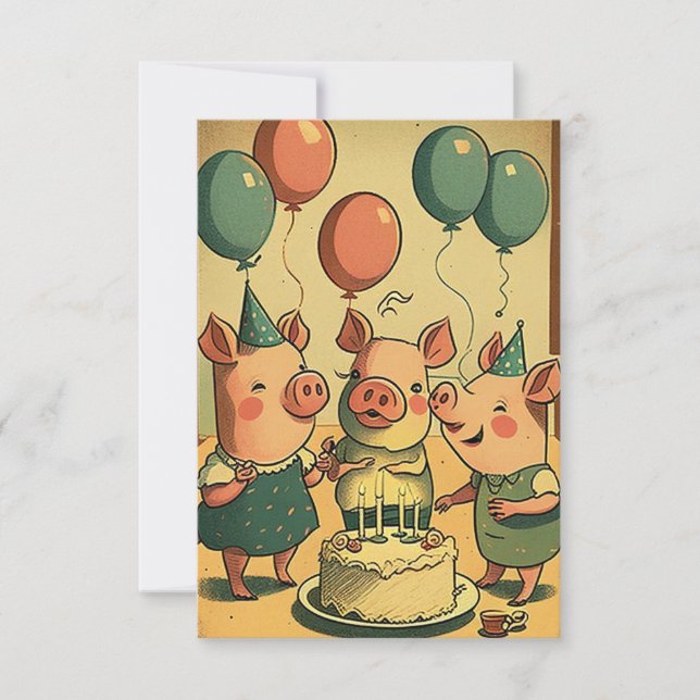 Cute Pigs Birthday Party Flat Greeting Card (Front)