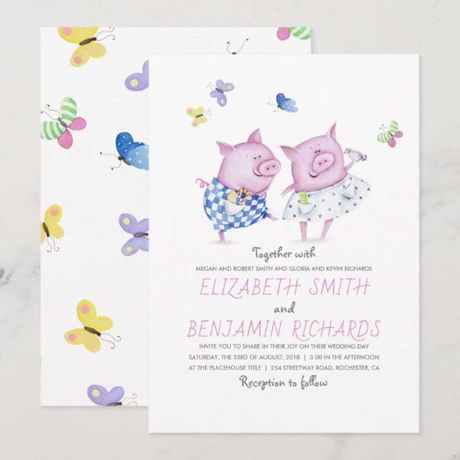 Cute Pigs Couple Elegant and Romantic Wedding Invitation (Front/Back)