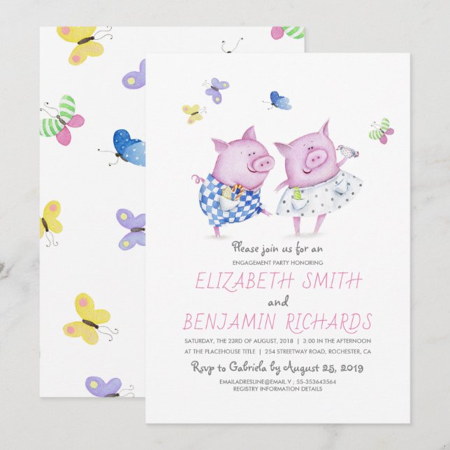 Cute Pigs Couple Sweet Engagement Party Invitation (Front/Back)