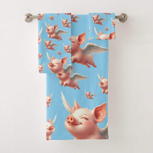Cute Pigs Flying Blissfully in Sunny Blue Skies Bath Towel Set (Insitu)