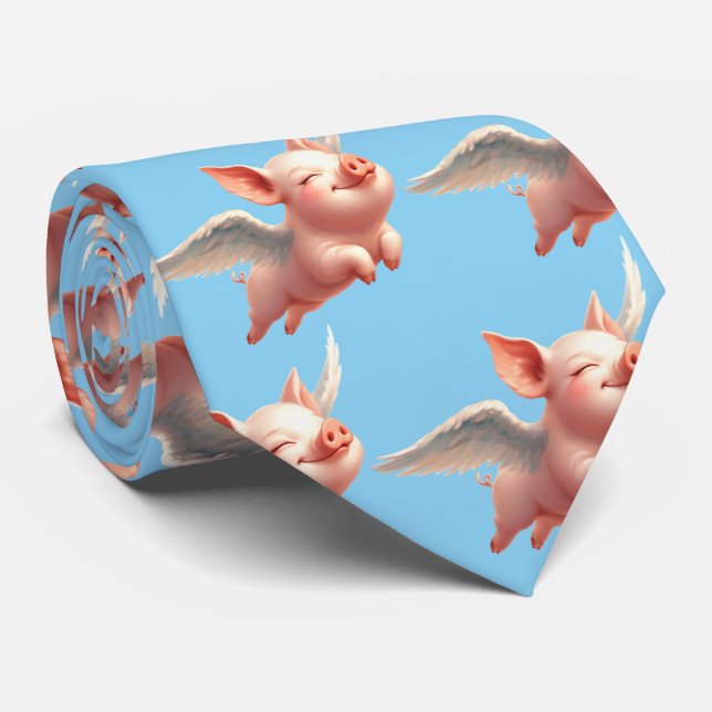 Cute Pigs Flying Blissfully in Sunny Blue Skies Tie (Rolled)