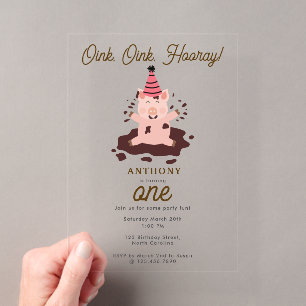 Cute Pigs Playing in Mud Farm Animals 1st Birthday Acrylic Invitations
