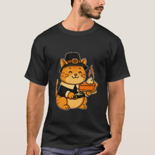 Cute Pilgrim Cat Pumpkin Pie Autumn Cool Thanksgiv T-Shirt
