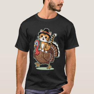 Cute Pilgrim Cat Riding Turkey Women Men Thanksgiv T-Shirt