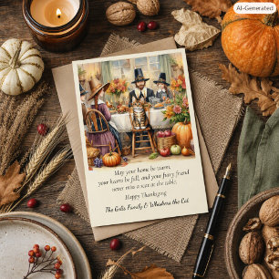 Cute Pilgrim Family with Cat Thanksgiving Holiday Card