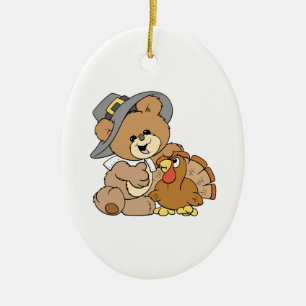 cute pilgrim teddy bear with turkey ceramic ornament