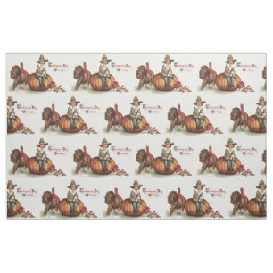 Cute Pilgrim Turkey Pumpkin Fall Leaves Fabric