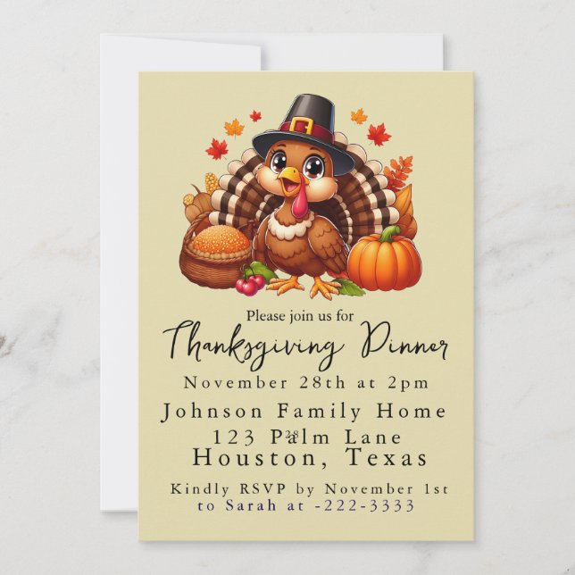 Cute Pilgrim Turkey Thanksgiving Dinner  Invitation (Front)
