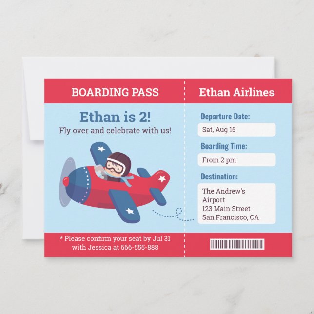 Cute Pilot Airplane Boarding Pass Birthday Party Invitation (Front)