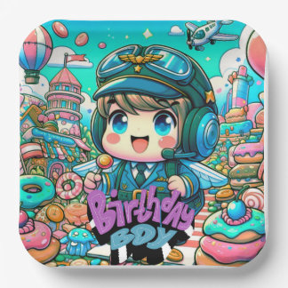 Cute Pilot Birthday Boy Paper Plate