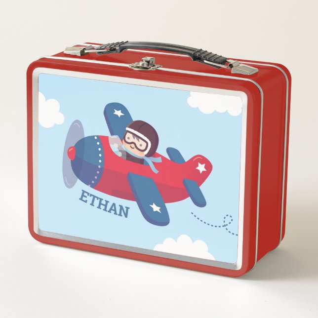 Cute Pilot Boy in Propeller Airplane Personalized Metal Lunch Box (Front)