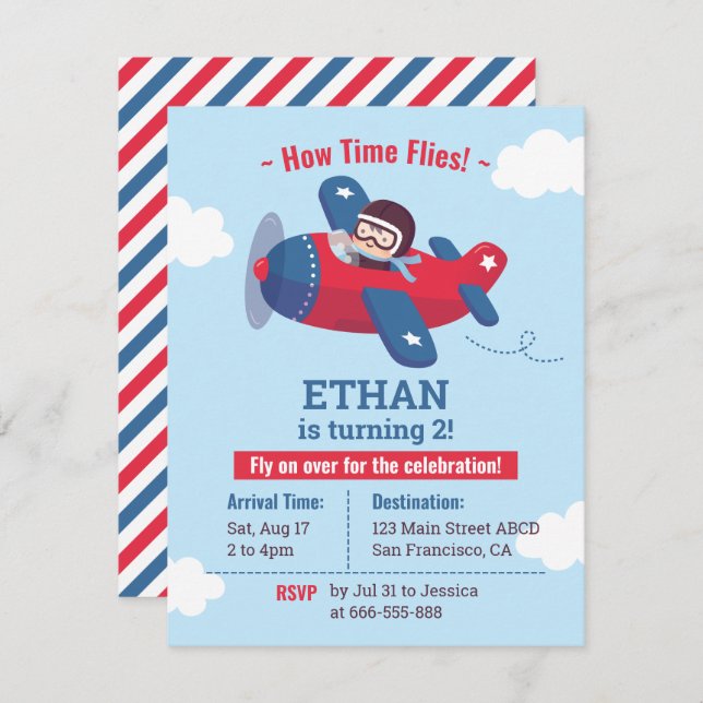 Cute Pilot Propeller Airplane Boys Birthday Party Invitation (Front/Back)