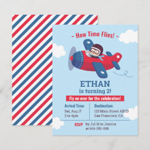 Cute Pilot Propeller Airplane Boys Birthday Party Invitation