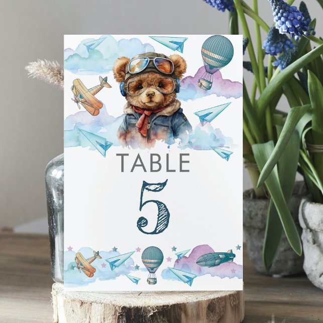 Cute Pilot Teddy Bear Birthday or Baby Shower Table Number (Creator Uploaded)